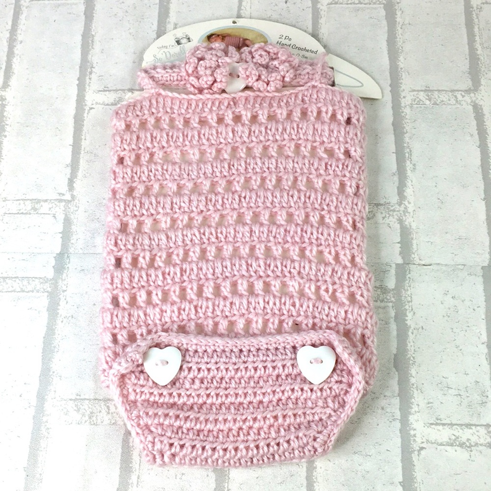 Crocheted Infant One Piece w/ Headband Pink 0-3 Months NEW H1